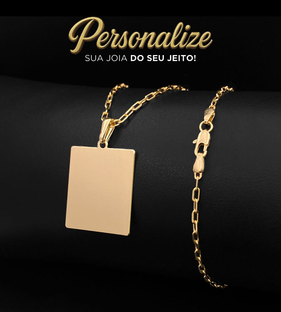 Corrente Cadeado 2mm Fecho Tradicional + Pingente Personalizável Placa Lisa 2,5x2,3cm Banhada a Ouro 18k