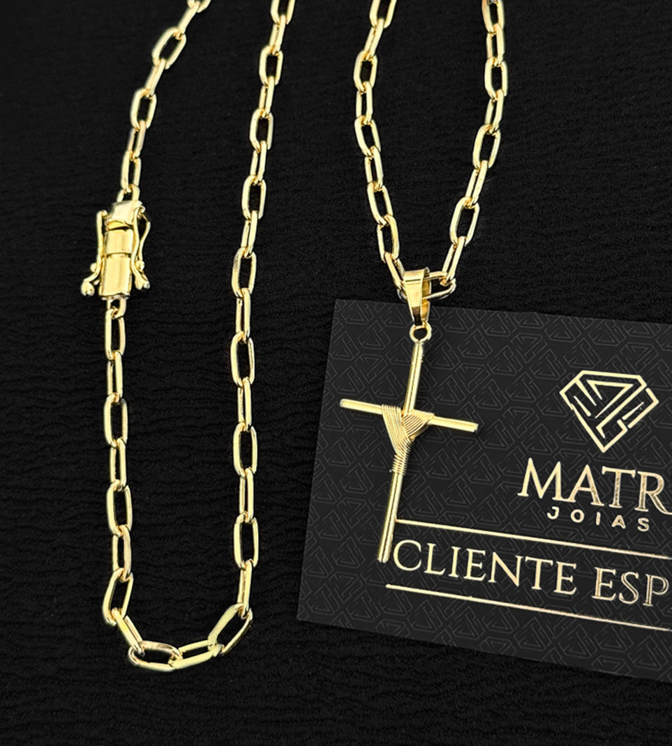 Corrente Cadeado Laminado 5mm + Pingente Cruz Amarrada 4x2cm Banhada a Ouro 18k