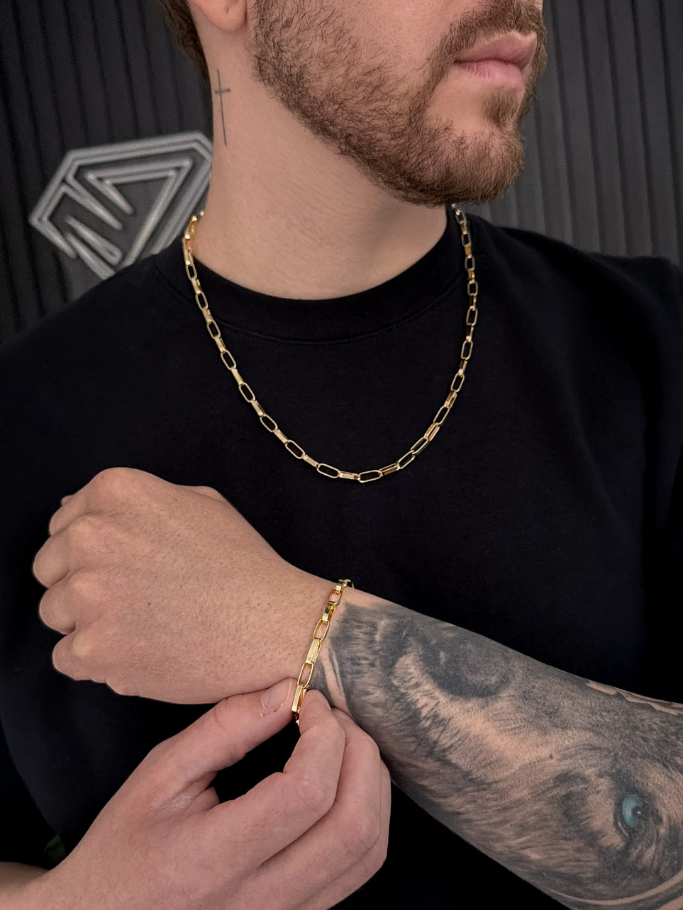 Conjunto Corrente e Pulseira Tijolinho 4mm Banhado a Ouro 18k