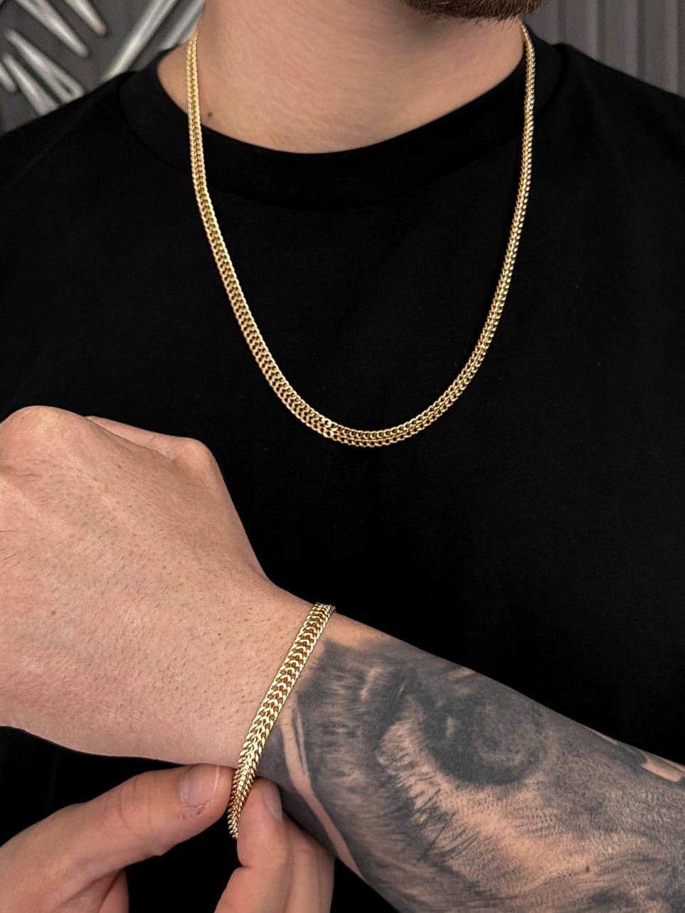 Conjunto Corrente e Pulseira Grumet Lacraia 6mm Banhado a Ouro 18k