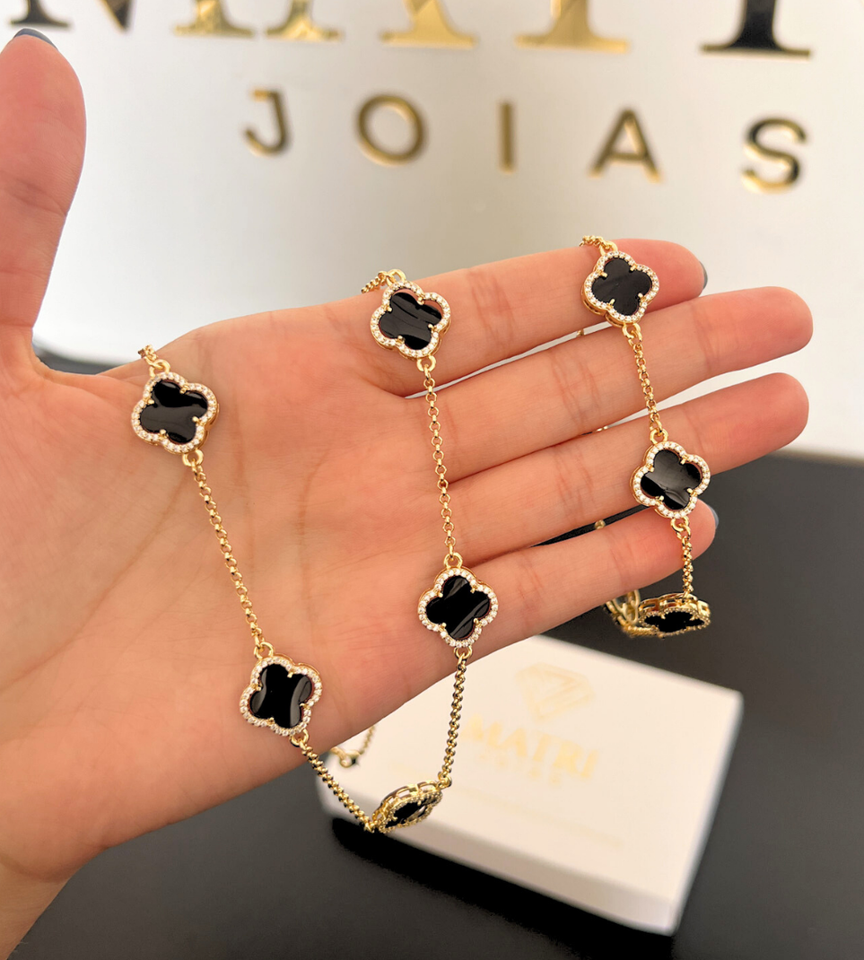 Corrente + Pulseira Trevo Preto Grande Cravejado em Zircônia 60cm 21cm Banhada a Ouro 18k