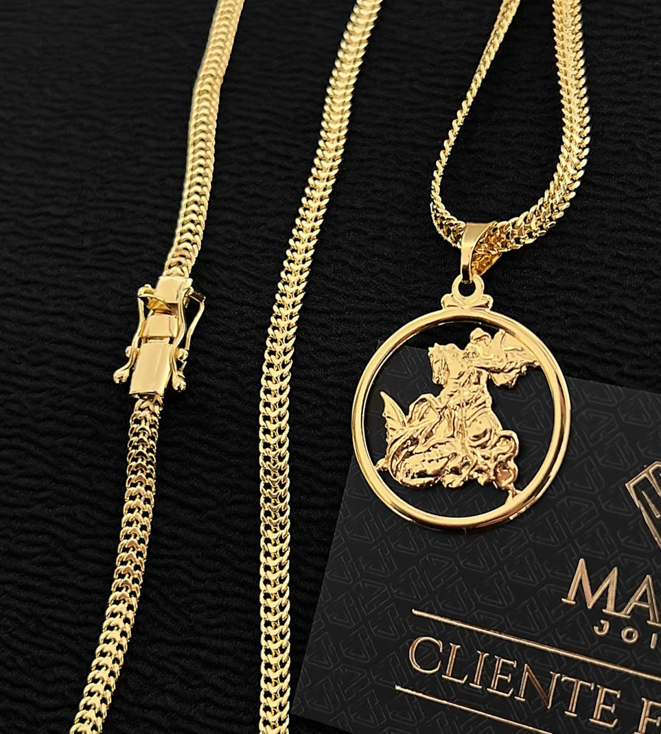 Corrente Grumet Lacraia 4mm + Pingente Medalha São Jorge Vazado Banhada a Ouro 18k