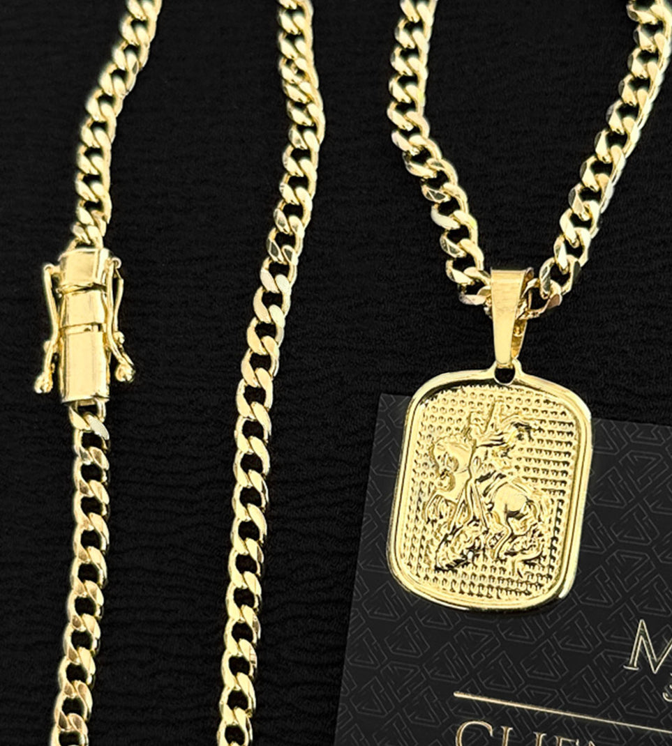 Corrente Grumet 5mm + Pingente Placa São Jorge Texturizado 4x2.5cm Banhada a Ouro 18k
