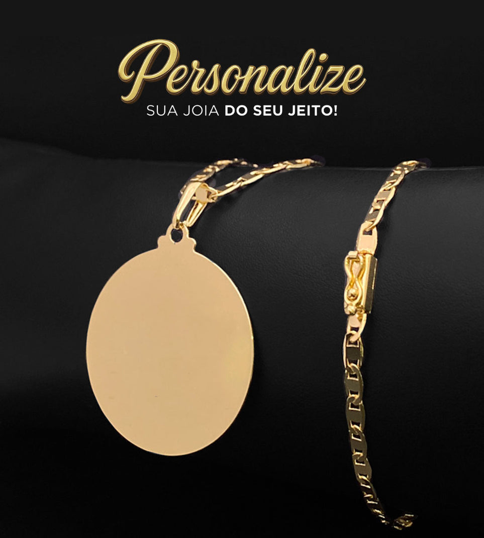 Corrente Piastrini 4mm Fecho Gaveta + Pingente Personalizável Redondo Liso Grande 4x4cm Banhada a Ouro 18k