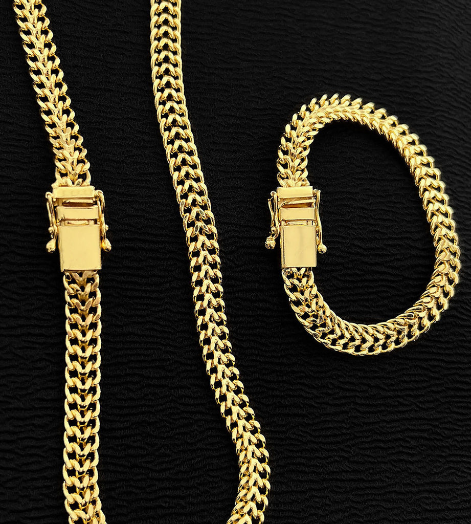 Corrente + Pulseira Grumet Lacraia 9mm Fecho Trava Dupla Banhada a Ouro 18k