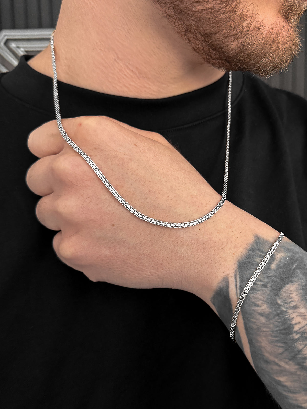 Conjunto Corrente e Pulseira Cadeado Duplo 3mm Banhado a Ouro Branco