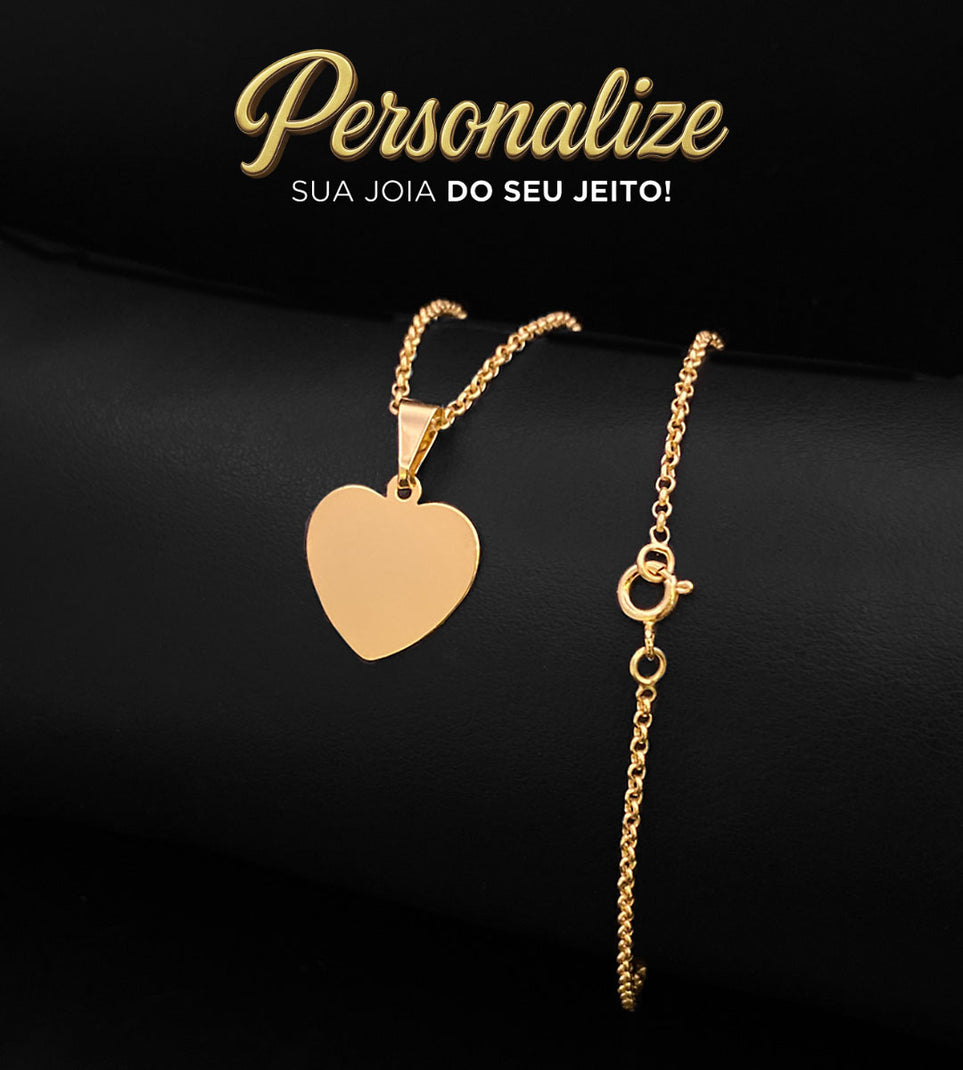 Kit Corrente Elo Português 2mm + Pingente Personalizável Plaquinha Coração Liso 1,6x1,4cm Banhado a Ouro 18k