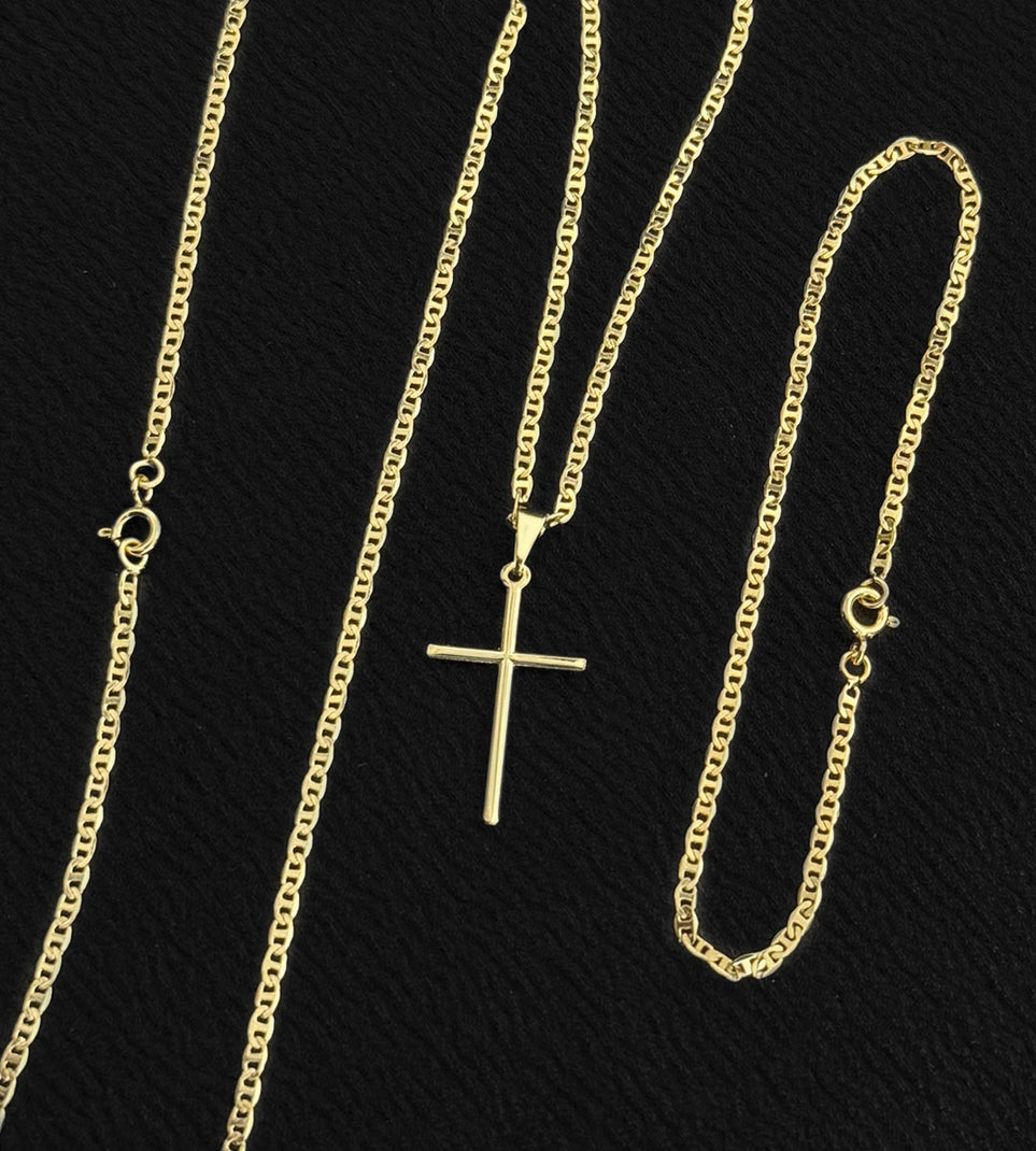 Corrente + Pulseira Piastrini 2mm + Pingente Cruz Tradicional 3x1,5cm Banhada a Ouro 18k