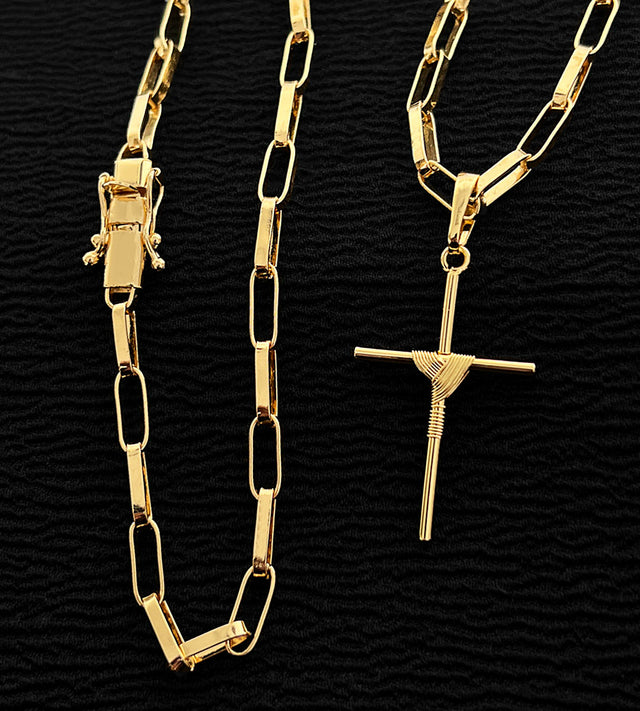 Corrente Elo Vazado 4mm + Pingente Cruz Amarrada 4x2cm Banhada a Ouro 18k
