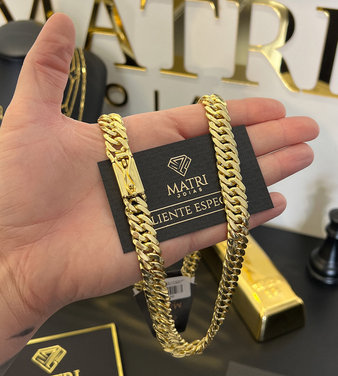 Corrente Grumet Dupla 13mm Fecho Gaveta Banhada a Ouro 18k