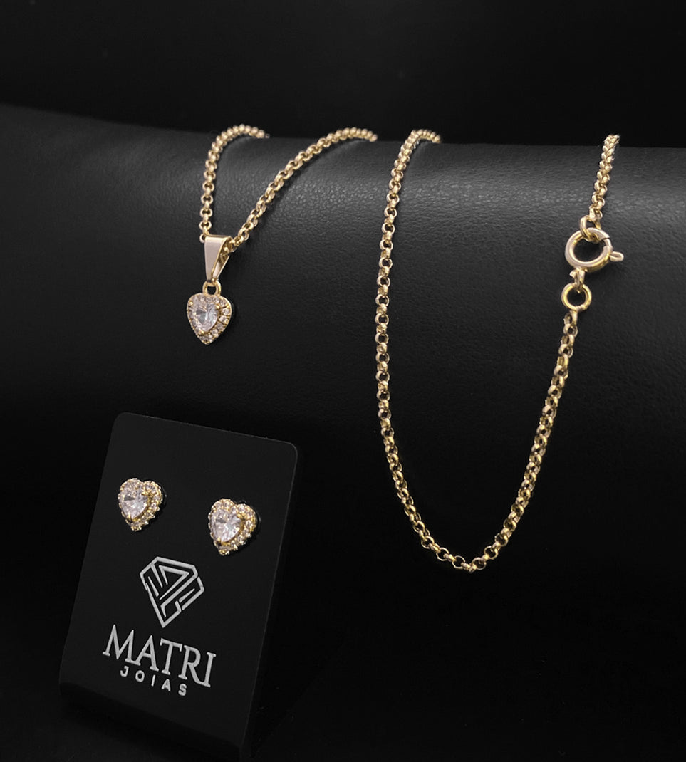 Conjunto Feminino Completo Coração Cravejado Colar + Pingente + Brinco Banhado a Ouro 18k