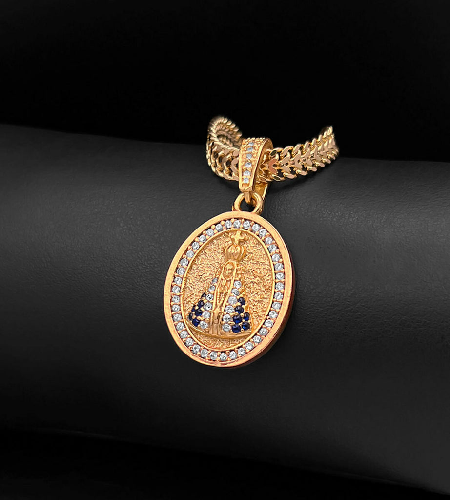 Pingente Nossa Senhora Oval Cravejado em Zircônias 3x2,5cm Banhado a Ouro 18k