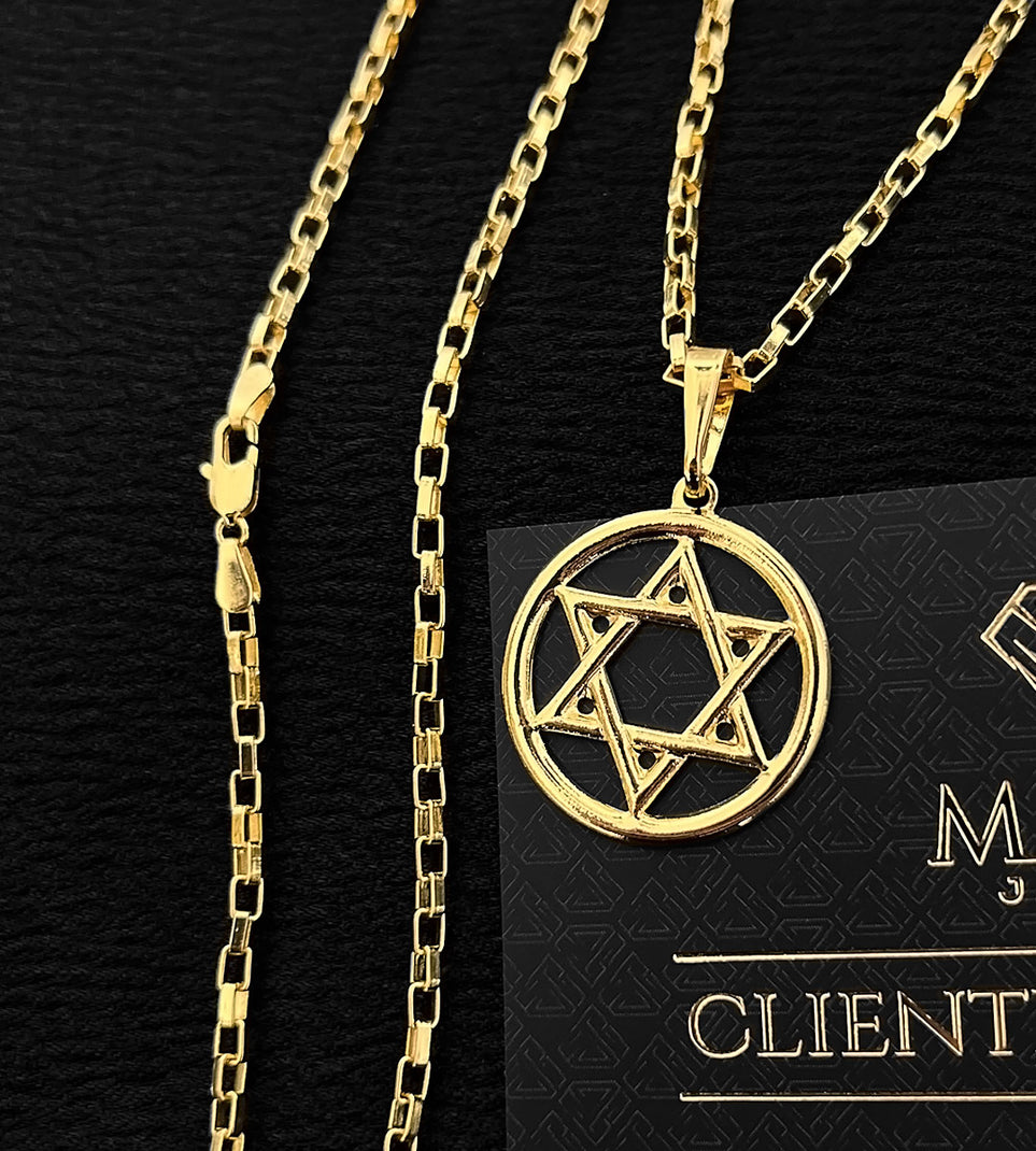 Corrente Elo Vazado 3mm + Pingente Estrela de Davi Médio Vazado Banhada a Ouro 18k